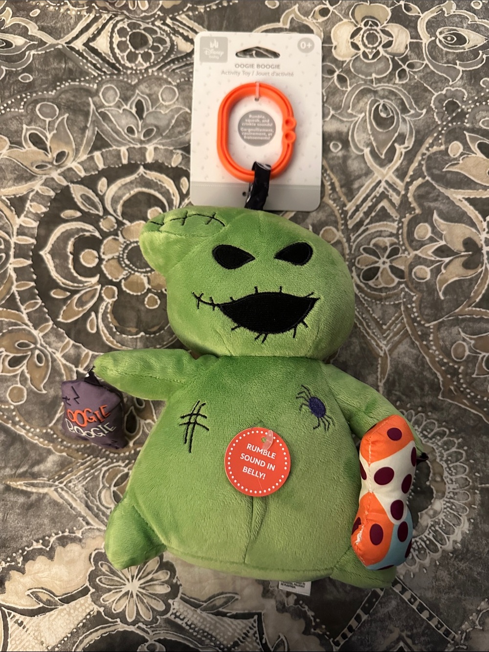 NWT- Disney Green Oogie Boogie Plush Rattle with Orange Polka-Dot Arm ages 0+